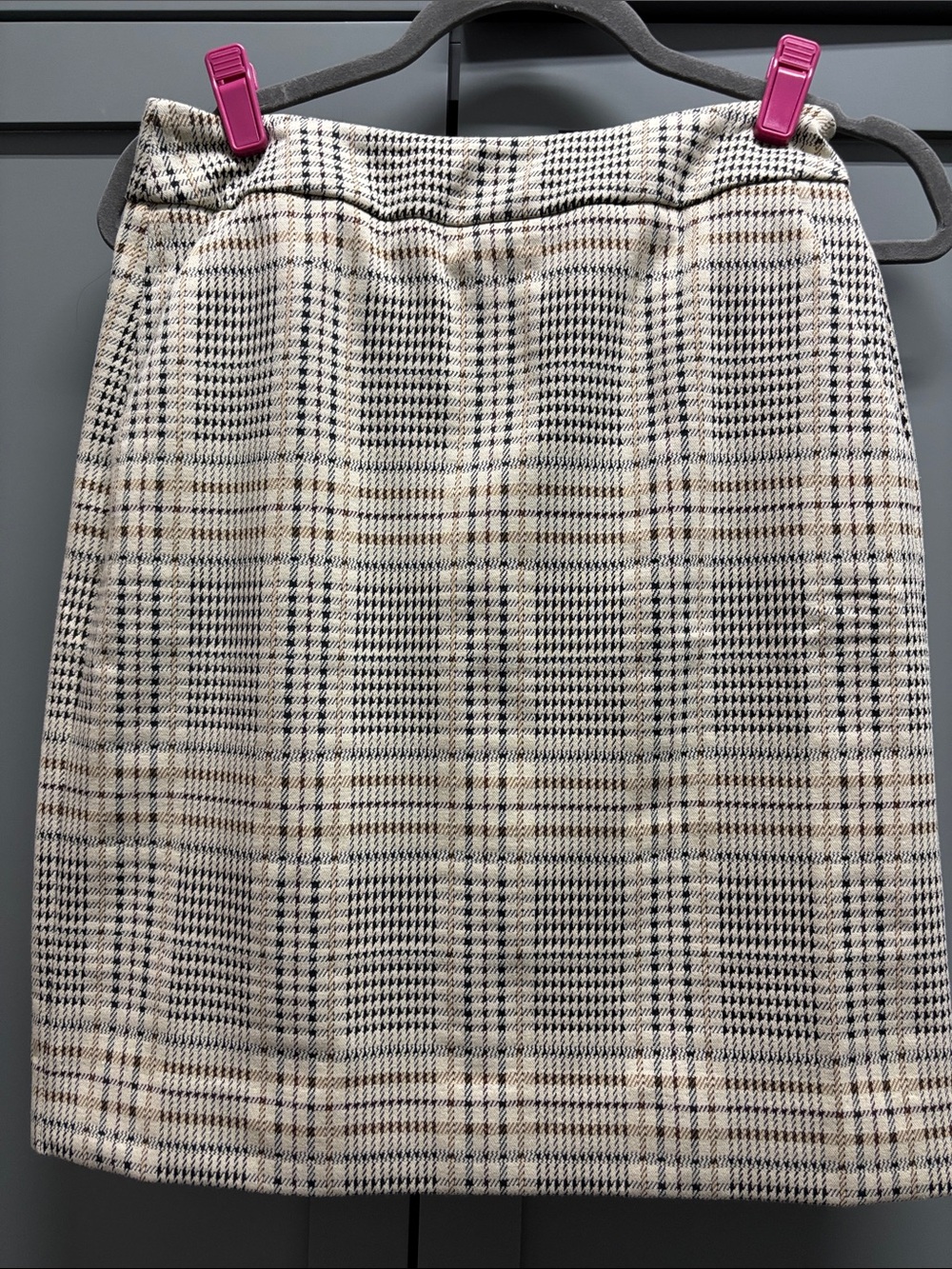 CAbi Pencil Skirt in Cream, Black and Tan Plaid